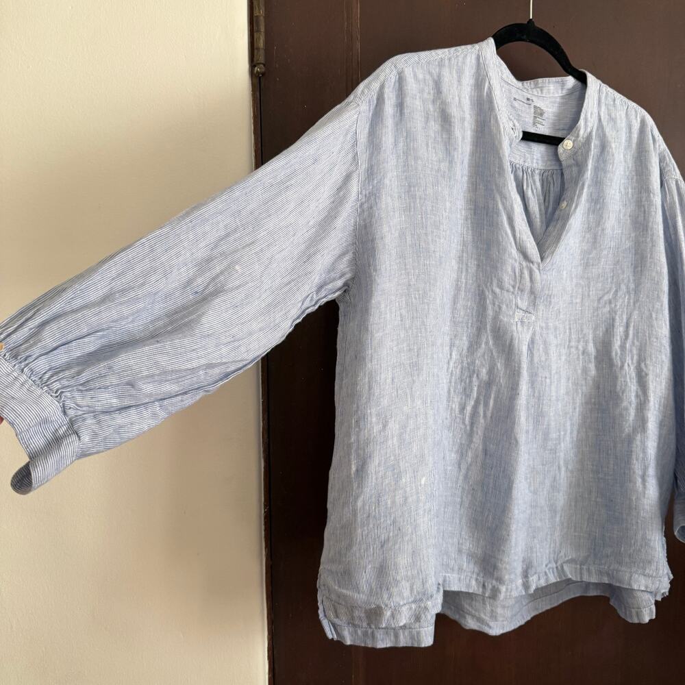 MUJI | Blue and White Striped Linen Boho Boxy Blouson Top | Medium \ Large - Picture 3 of 6